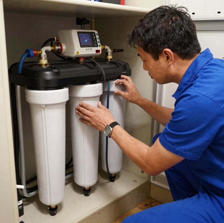 A skilled technician installing a water filtration system in a bright, modern kitchen.