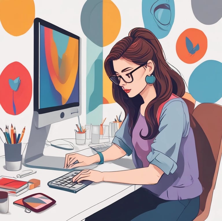 Creative workspace with designers collaborating over colorful graphic layouts.