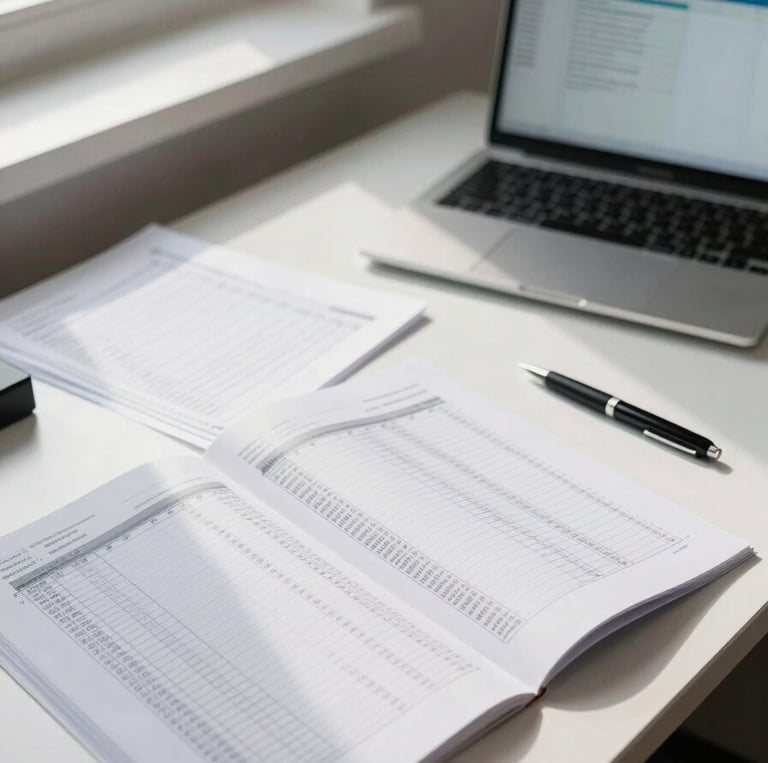 Wide-angle corner of a tidy UK accounting office desk, open tax return documents and a mileage log spread across the surface, daylight streaming through a window to the left, a laptop screen glowing with a spreadsheet, pen resting on paper
