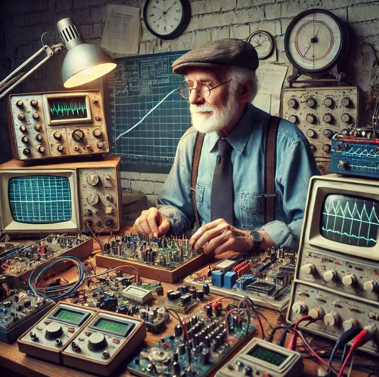 Old man with tools at work bench