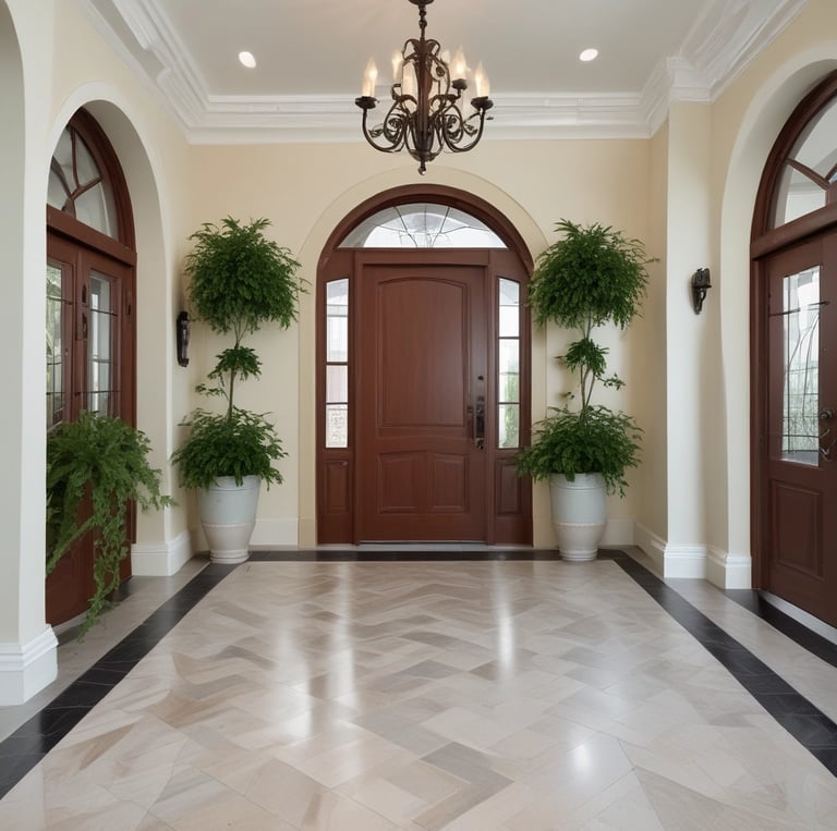 three chairs sitting on a marble floor in a room