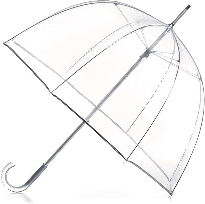 Clear bubble dome umbrella with acrylic handle, offering full rain and wind coverage