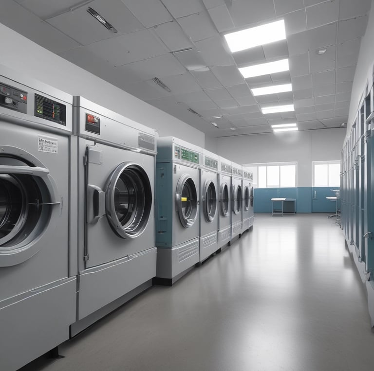 A laundromat interior featuring a row of industrial washing machines on the right side and several laundry carts lined up on the left. The ceiling is adorned with white panels and fluorescent lights. Tables for folding laundry are positioned between the carts. The floor has a speckled pattern, and the overall atmosphere is clean and orderly.