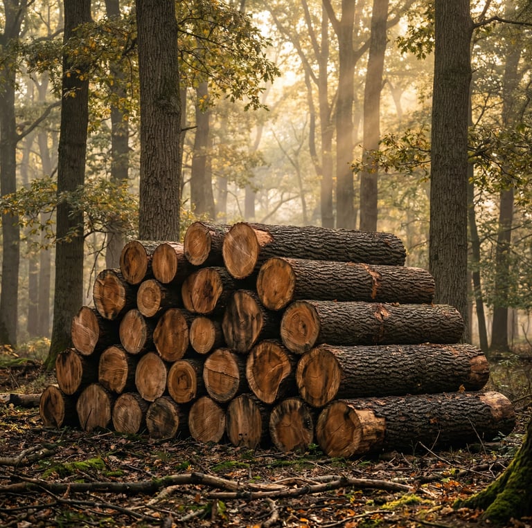 Ąžuoliniai rąstai sudėti vienas ant kito spygliuočiu miške.