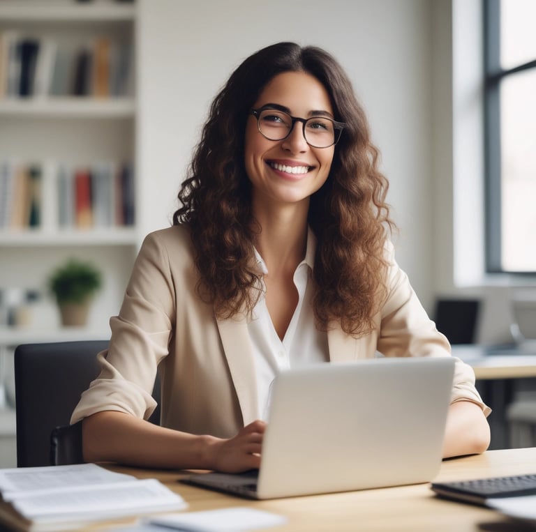 A person smiling while reviewing financial documents at a desk.