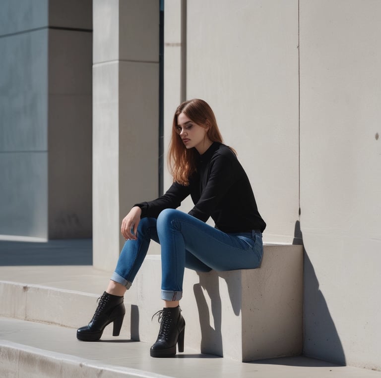 woman in black long sleeve shirt and blue denim jeans sitting on white concrete wall