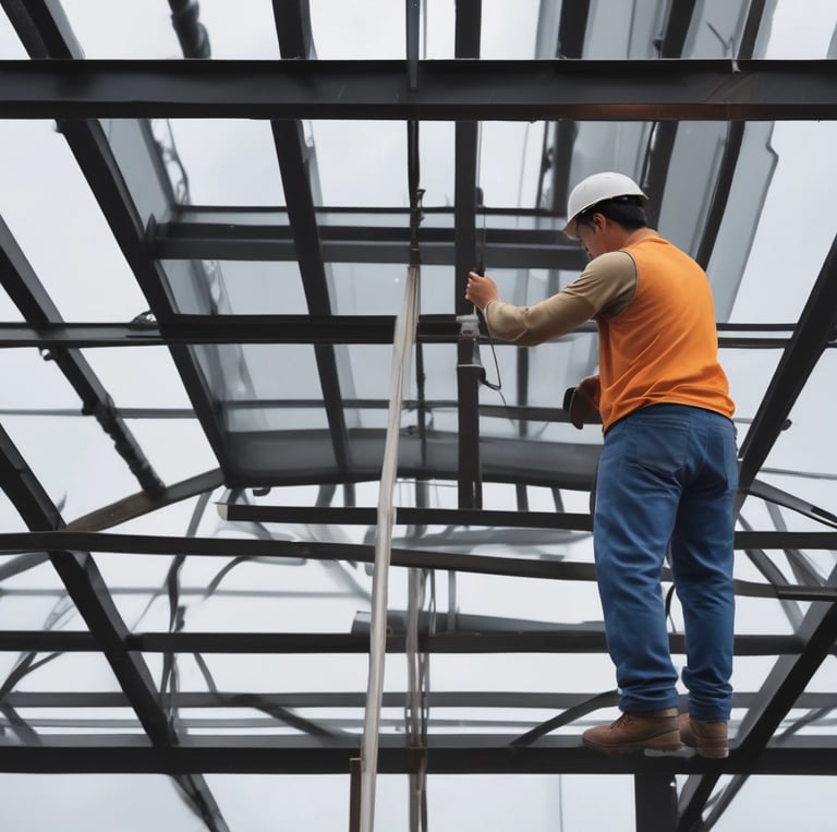 A corrugated metal roof with a rectangular section that is translucent or a different color, allowing light to pass through. The roof structure includes multiple lines and patterns in its design, with some areas appearing worn or weathered.