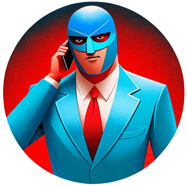 a man in a blue suit and tie with a phone