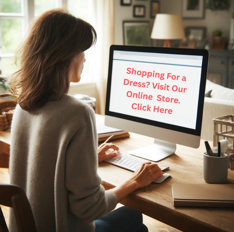 a woman sitting at a desk with a computer screen displaying a dress