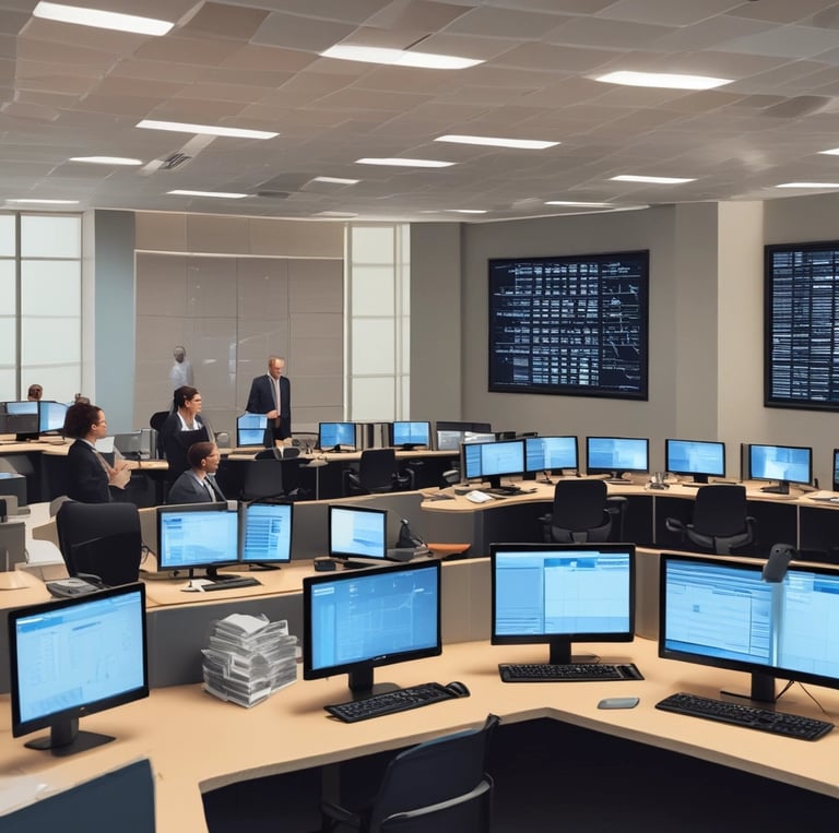 A serene office environment with a financial analyst reviewing investment charts.