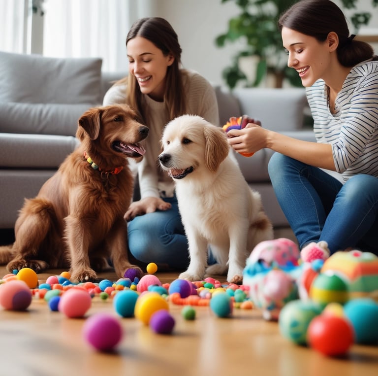 A variety of premium pet accessories displayed on a wooden shelf.