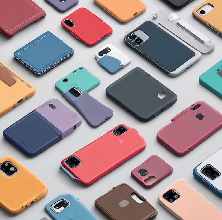 A variety of mobile accessories including phone covers and tablet cases.