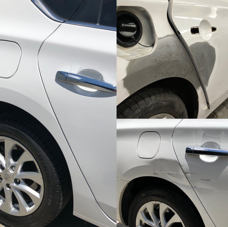 Before and after car body repair showing professional scratch removal and paint restoration.