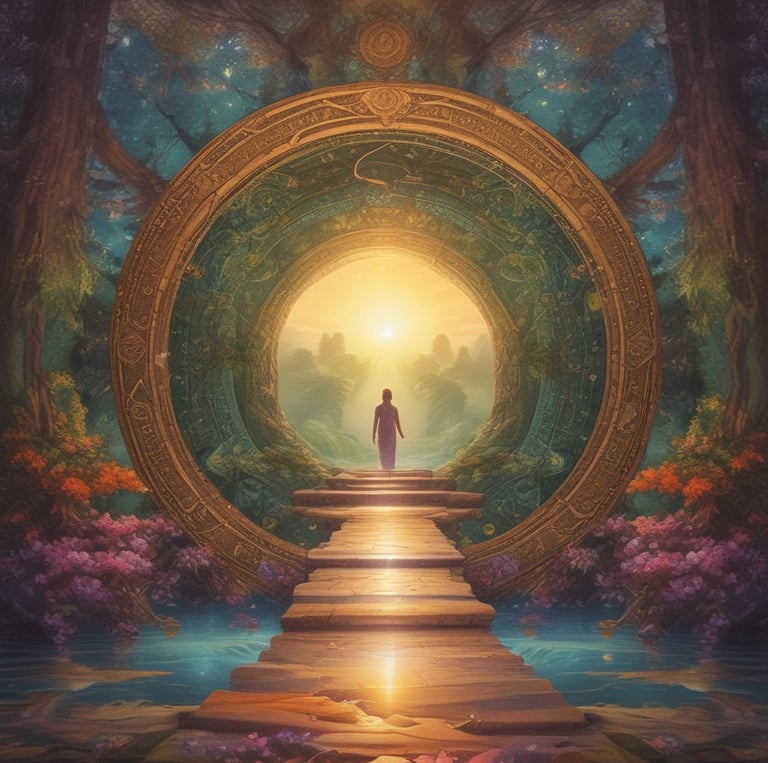 A pair of hands is positioned palms-up on a cloth featuring zodiac signs and a sun-like face. A stack of tarot cards, adorned with mystical symbols, rests on the cloth, surrounded by scattered blue glass beads.
