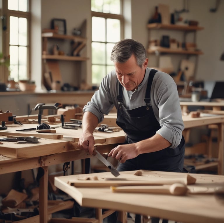 A person wearing traditional clothing is working meticulously on what appears to be an intricately designed wooden furniture piece or artifact. The background shows a large quantity of stacked wooden planks, indicating a workshop or carpentry setting.
