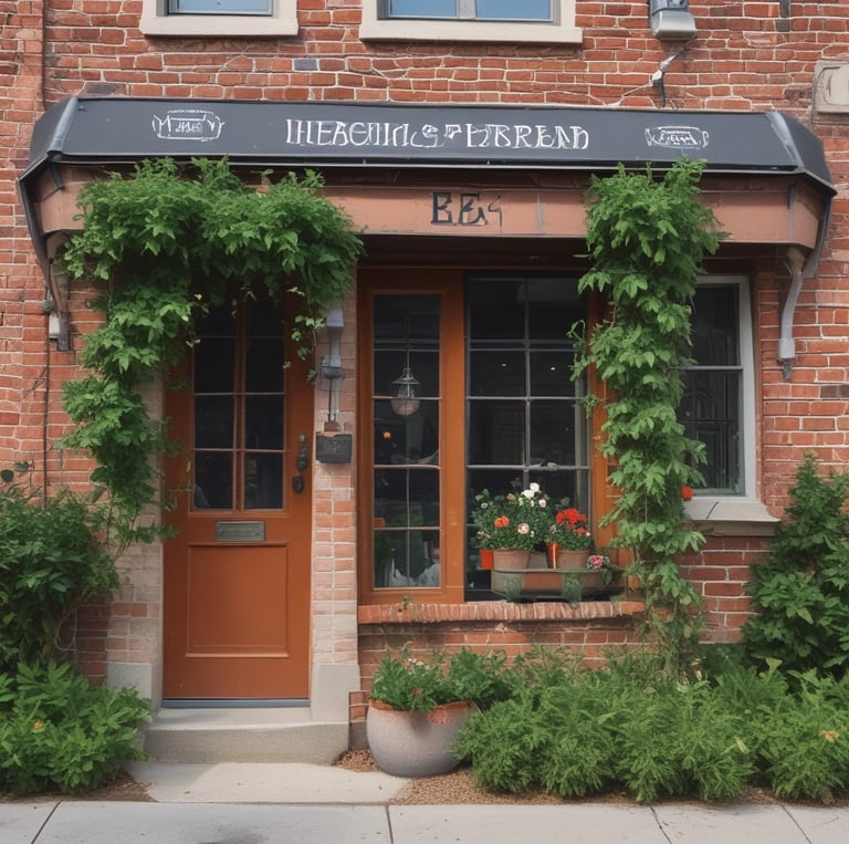 A small storefront with a rustic charm, featuring a red door and white trim. The sign above the entrance reads 'Herbs Garden Thing.' The building is nestled next to a snowy sidewalk on a sloping street, with bare trees in the background.
