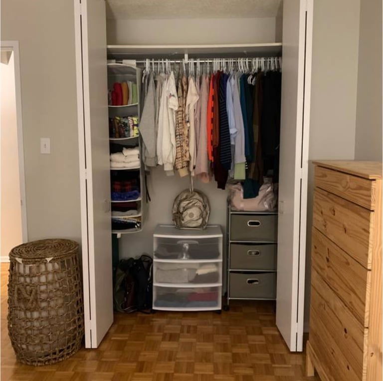 An "after" picture of a bedroom closet neatly organized.