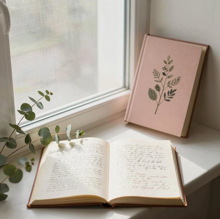 A peaceful workspace with an open notebook, pen, and a Bible, bathed in warm morning light.