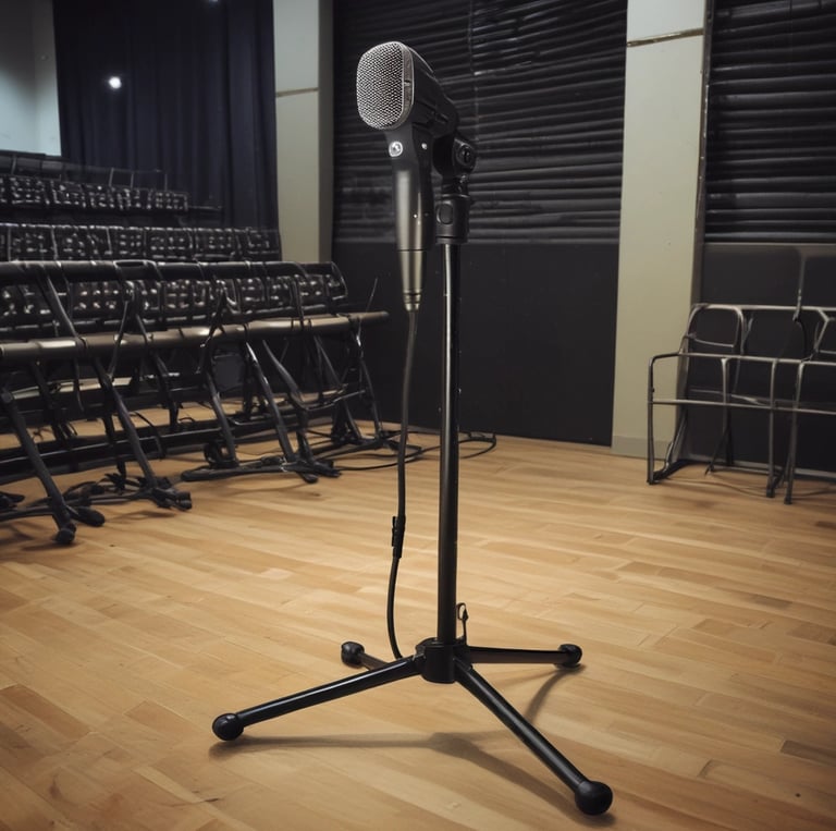 A close-up of a sturdy microphone stand in a studio setting.