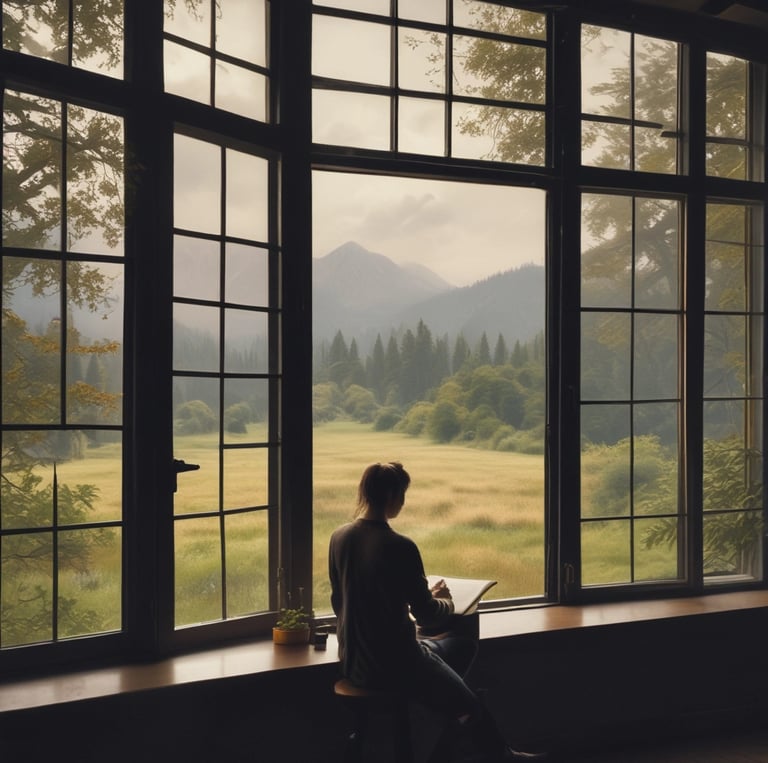 A serene landscape with a journal and pen, symbolizing reflection and inspiration.