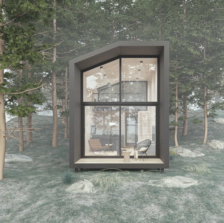 a small house with a large window and a dog