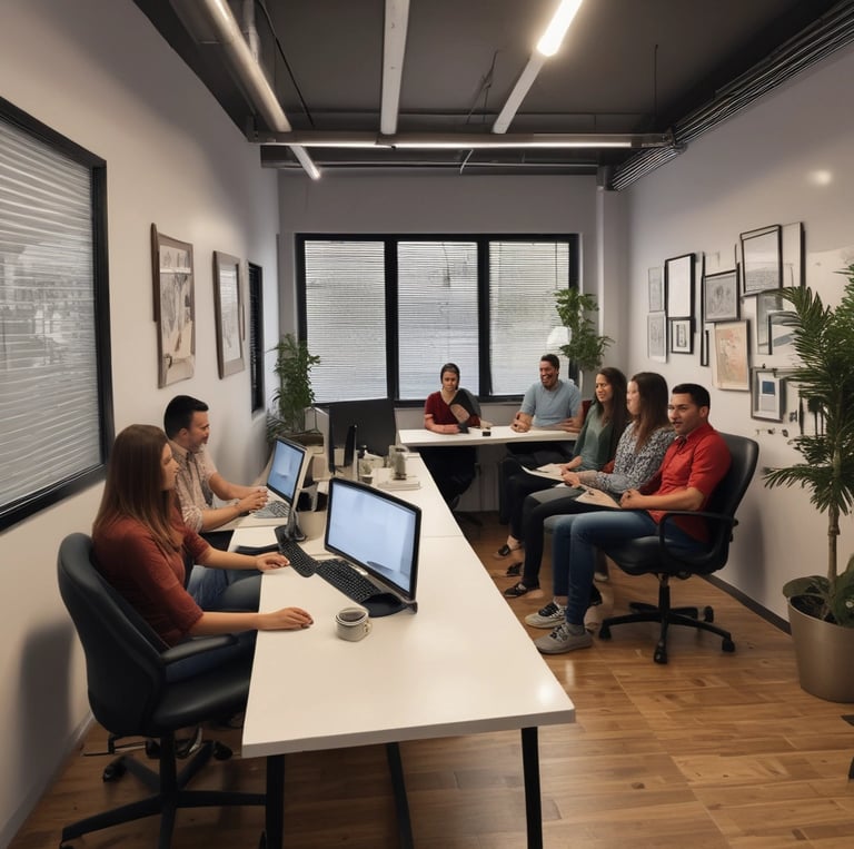 A team collaborating around a laptop with digital marketing visuals on screen