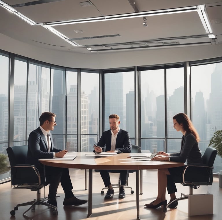 A professional team discussing financial strategies in an executive office.