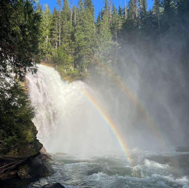 sunny waterfall with rainbows in front. trees beside and around