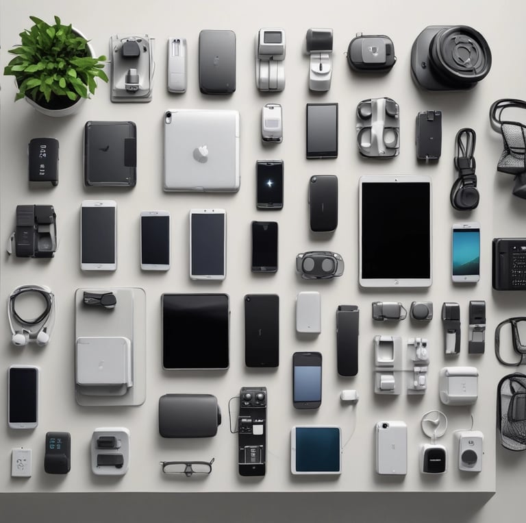 An open electronic device with visible internal components, including circuitry and connectors. The device rests on a dark surface with a logo and another small gadget visible nearby, indicating a focus on technology and repair.