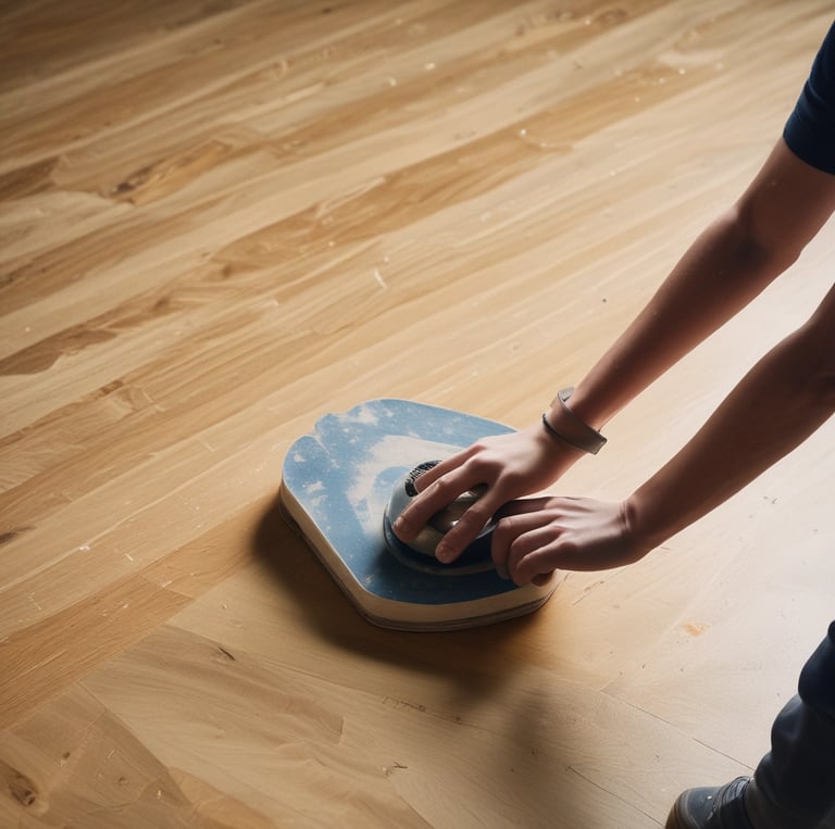 Craftsman sanding and varnishing a wooden floor in a cozy Moselle home.