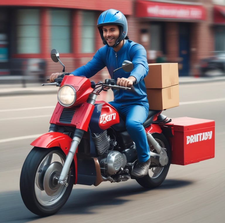 A motorcycle delivery person is riding through a snowy urban street, dressed in dark, weather-proof clothing and carrying a large delivery box. Snowflakes are gently falling, and the ground is wet and reflective. In the background, there are parked cars, a white booth with graffiti, and buildings with shop signs.