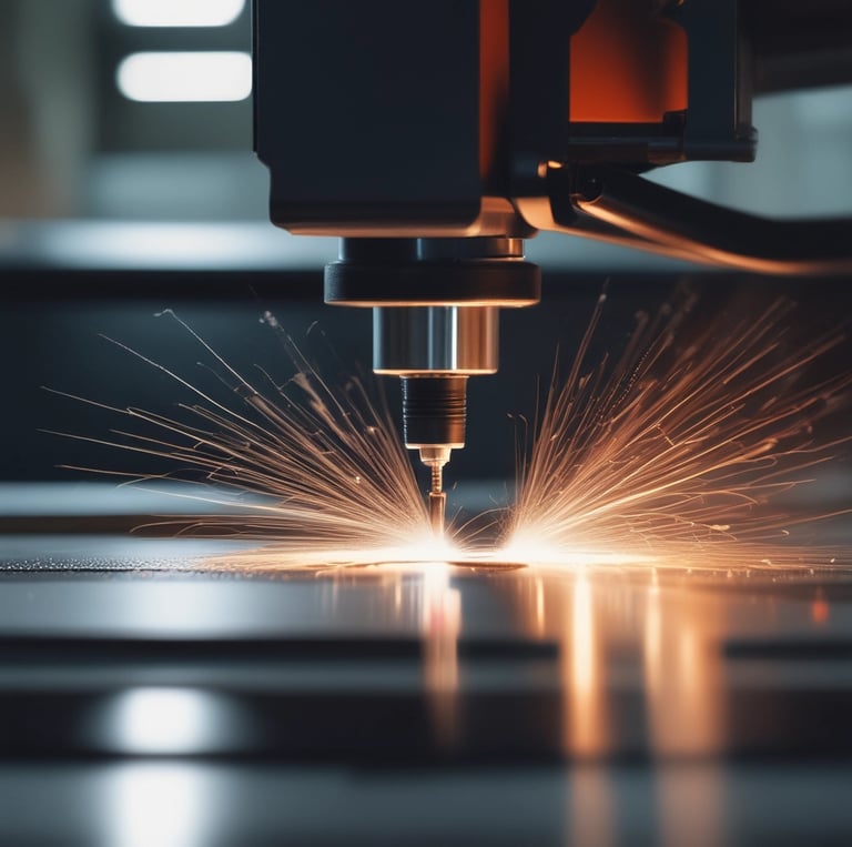 A laser cutter is in operation, with a beam slicing through a sheet of material placed on a cutting bed. The metallic nozzle of the machine is visible, directing the laser precisely along the edge.