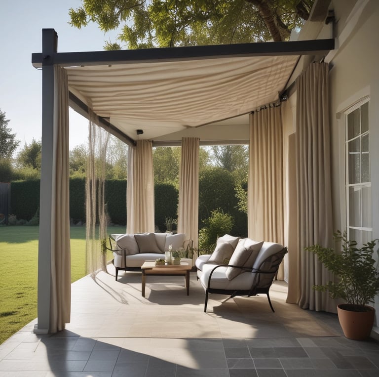 An outdoor seating area with bamboo blinds partially rolled down, revealing colorful chairs underneath. The structure has a tiled roof and is supported by vertical stone pillars. Sunlight casts shadows on the bamboo blinds, creating a warm and inviting ambiance.