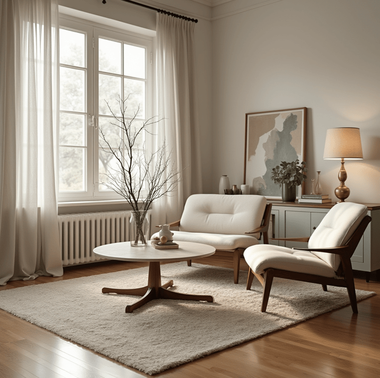 Serene mid-century modern living room with minimalist furniture, including a white armchair and loveseat, wooden coffee table