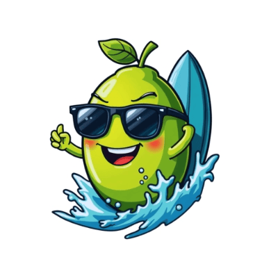 Playful lime slice with surfboard and sunglasses, bright design by Wyrlight for POD.