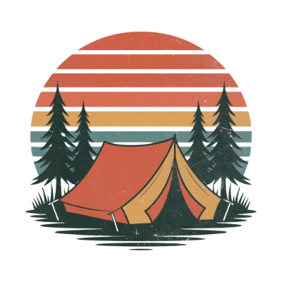 Retro camping scene with tent, pine trees and sunset stripes, minimalist design.