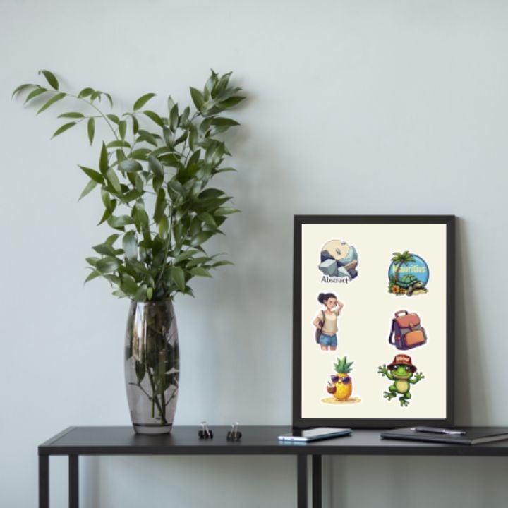Mockup with collectible stickers displayed in a frame, Wyrlight design for POD.