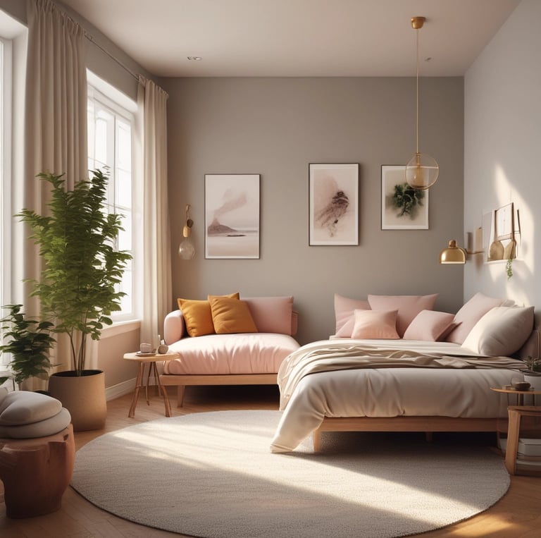 a living room with a chair and a table with a plant on it