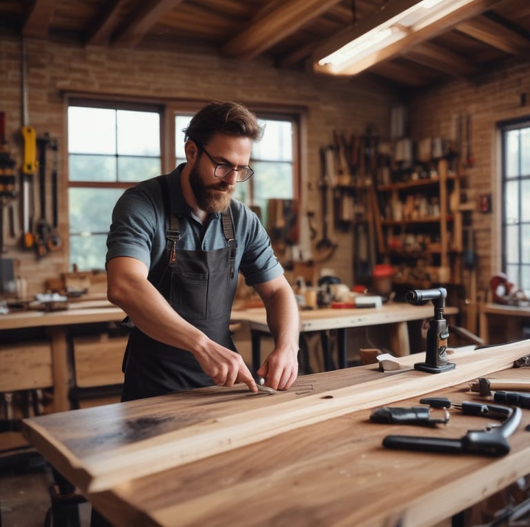 A woodworking table with various tools and wooden pieces. A smoothing plane and a set square are placed alongside planks of wood. A person's hands rest on the table as they work on the wooden project. Ear protection headphones are also visible.