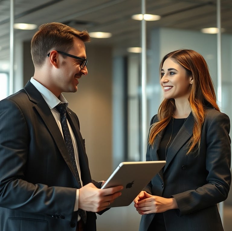 a man and woman in business attire standing in a room