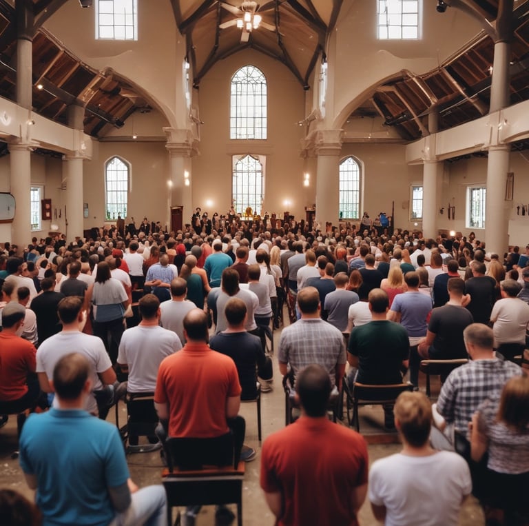 A diverse group of people worshiping together in a bright, open space.