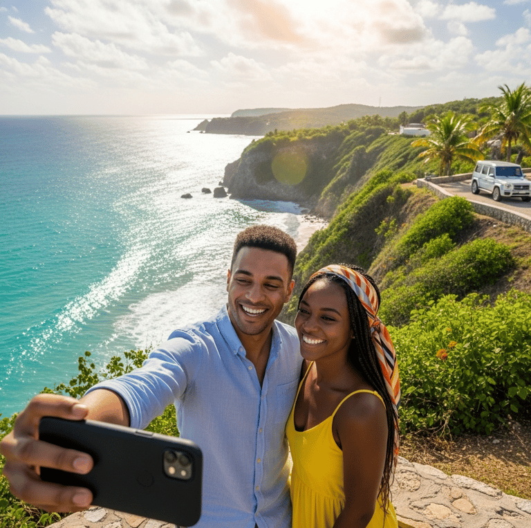 a man and woman taking a selfie with a cell phone