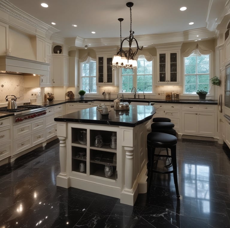 A beautifully polished black granite countertop in a modern kitchen setting.