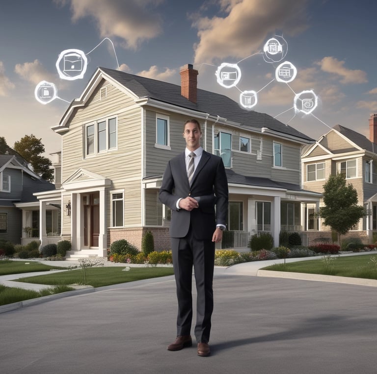 a man in a suit standing in front of a house