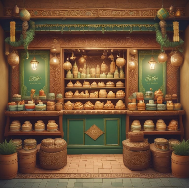 An elaborate multi-tiered cake is displayed in a shop window. The cake features detailed decorations, including patterns and embellishments in pastel colors, and is topped with a pink layer with chocolate drizzle and a decorative cupcake. The shop interior is visible, showcasing shelves with other baked goods.