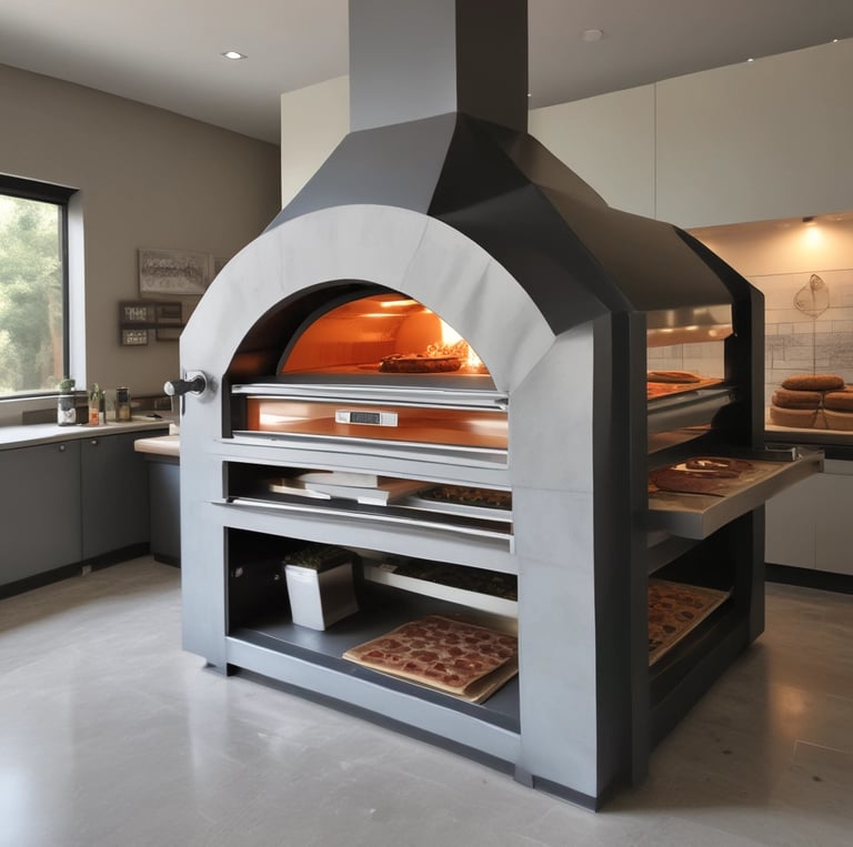 A brick oven setup in a bakery with a rustic interior. Baked goods are placed on metal racks to the left, and a roll of paper towel hangs from the ceiling. The space is lit through a skylight and a small window, casting light on the oven area, which has various baking tools and supplies around it.