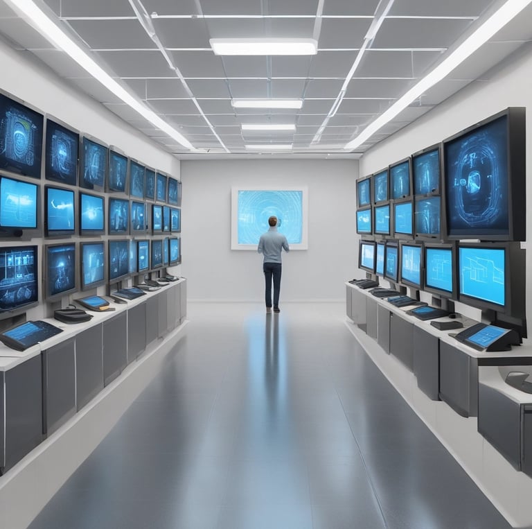 A hand holding a thermal scanner is pointed towards a rack of computer servers. The servers are illuminated with blue LED lights, giving a technological and futuristic feel.