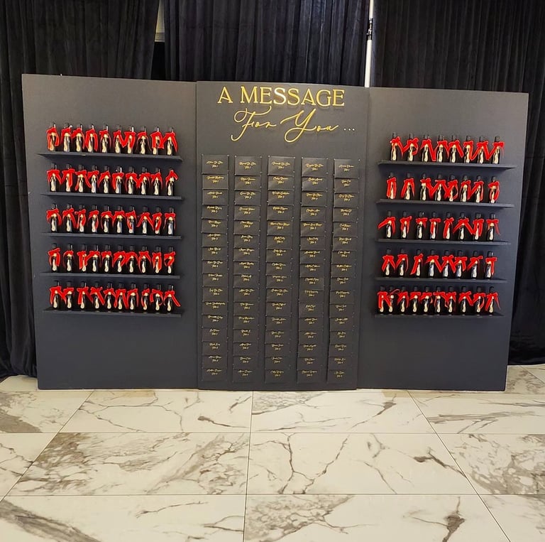 black seating chart with champagne bottle favors with red bow ties