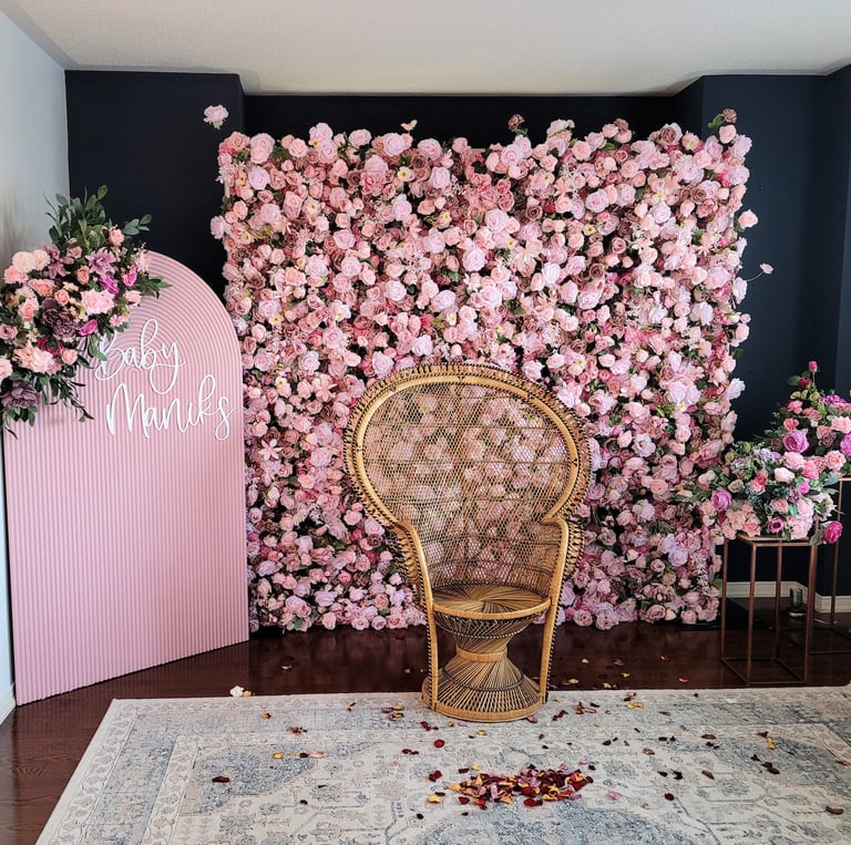 Flower wall and ripple panel package for a bridal shower