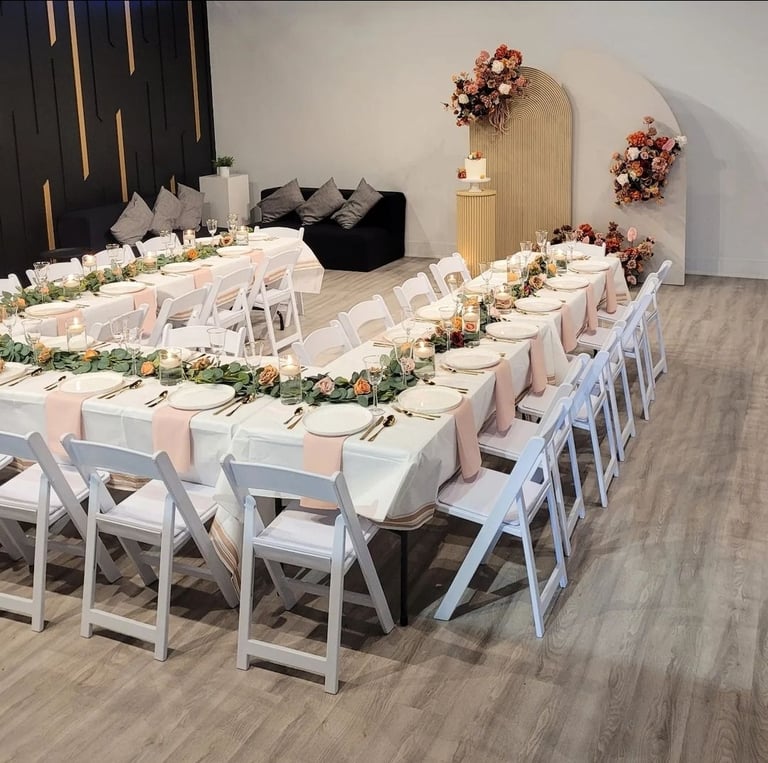 Bridal shower Table setting for 30 guests + floral 2 panel backdrop